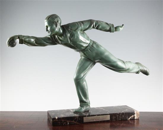 An Art Deco bronzed spelter figure of boule player, 17in.
